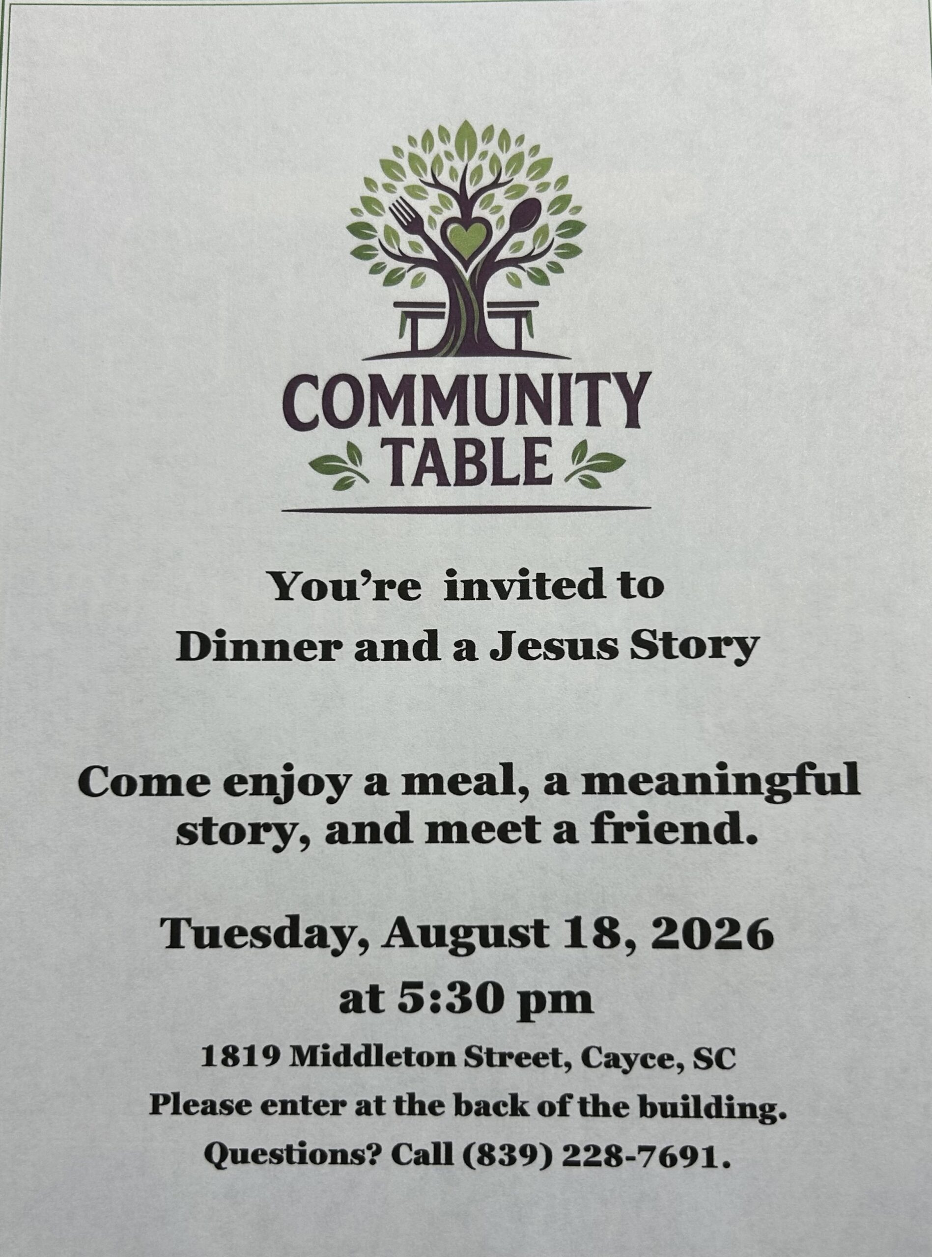 Flyer describing the Community Table Event